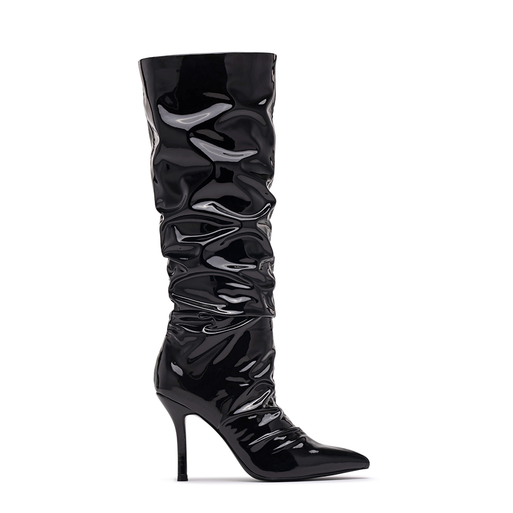 Side View Product Image of the Cristean Heeled Boot in Black Patent