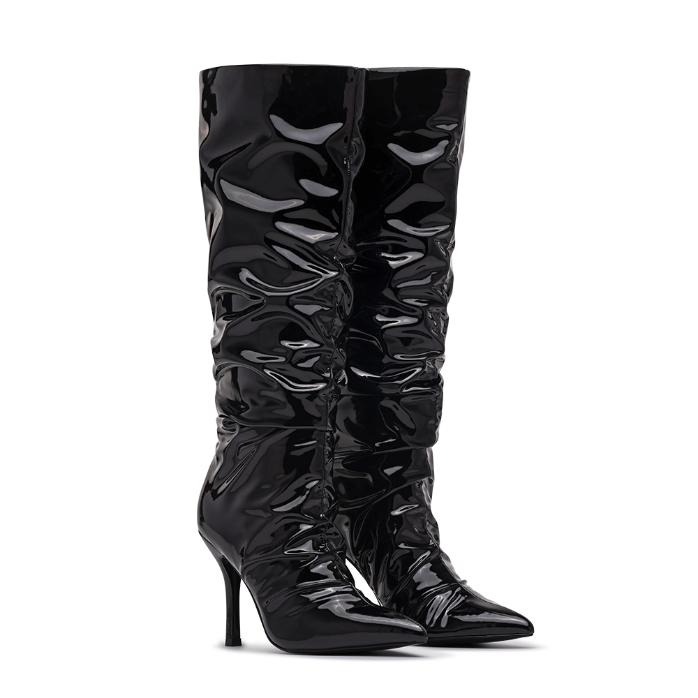 3/4 Side View Product Image of the Cristean Heeled Boot in Black Patent in its pair