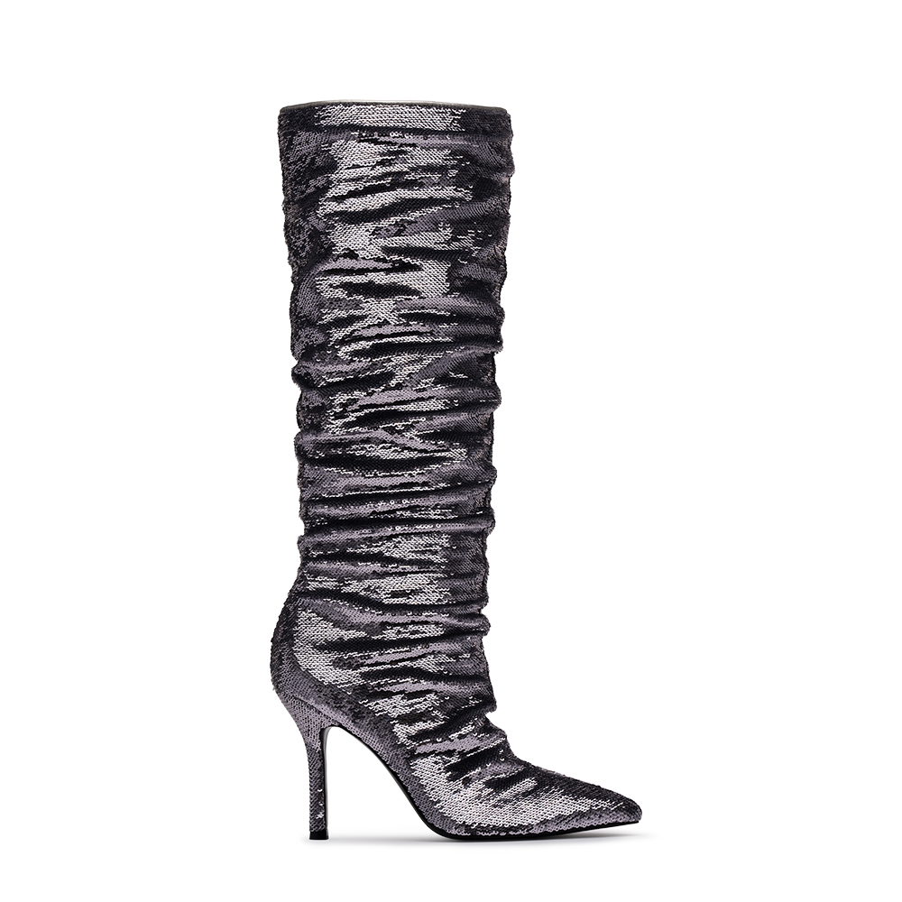 Side View Product Image of the Cristean Heeled Boot in Overlapping Silver Sequin