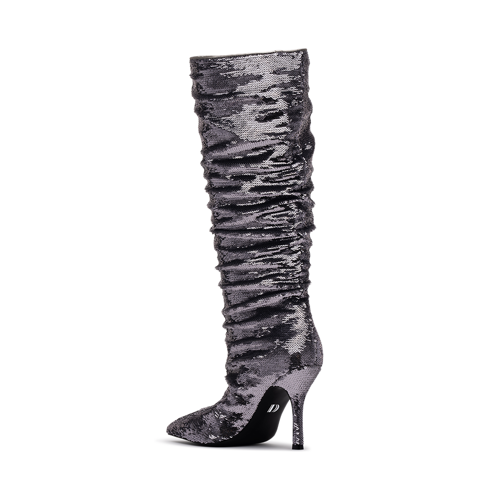 3/4 Back Side View Product Image of the Cristean Heeled Boot in Overlapping Silver Sequin
