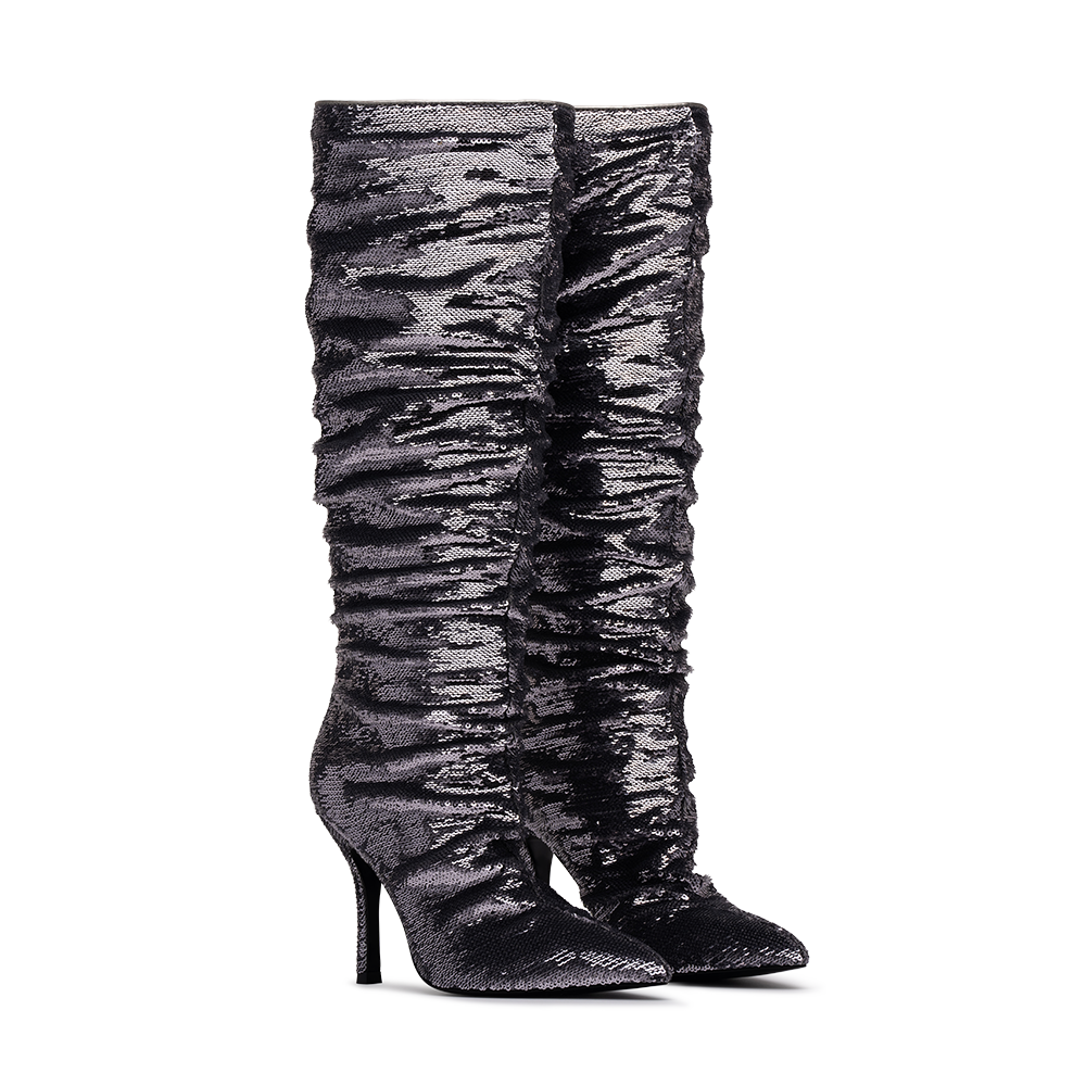 3/4 Side View Product Image of the Cristean Heeled Boots in Overlapping Silver Sequin