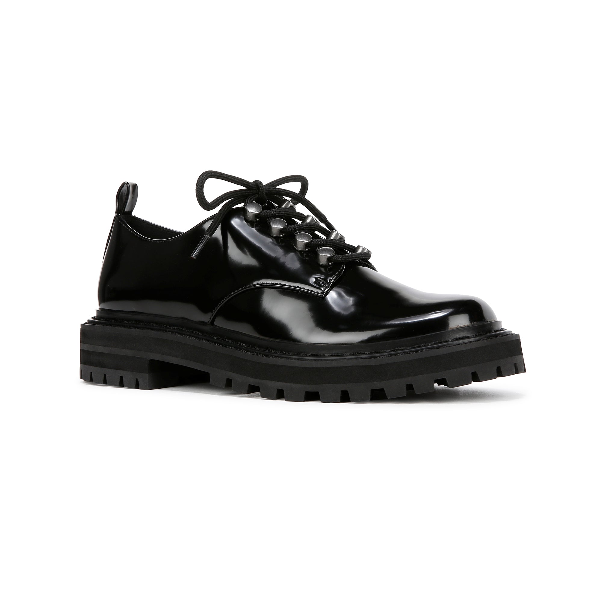 Sleek Black Paulina Oxford | Faux Patent Leather Lug Sole Sleek Black Paulina Oxford | Faux Patent Leather Lug Sole