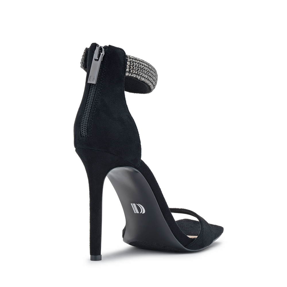 3/4 Back Side Product Image of the Havri Heel in Black Microsuede