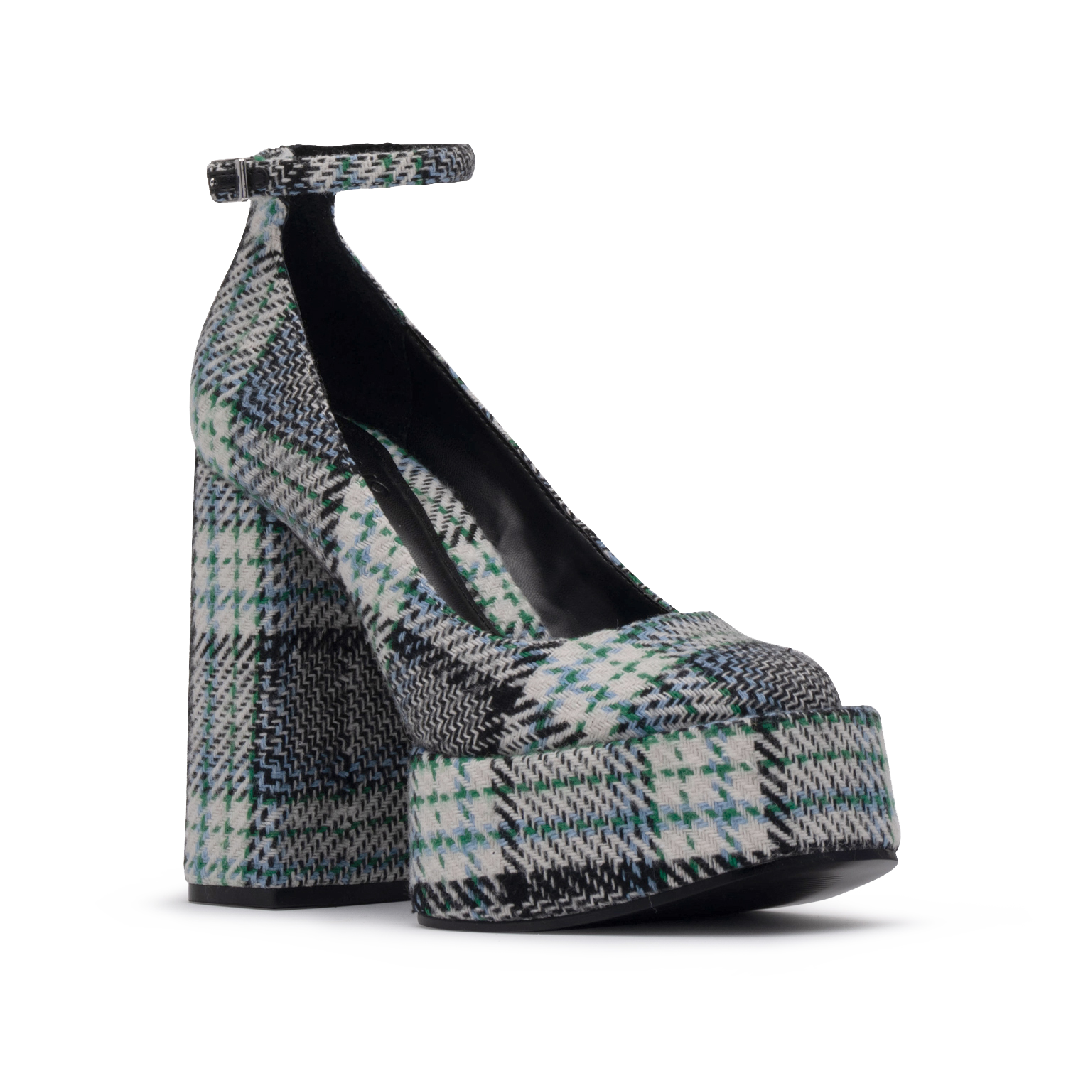 3/4 Front Side View of the Rayva Platform Heel in Blue Green Plaid