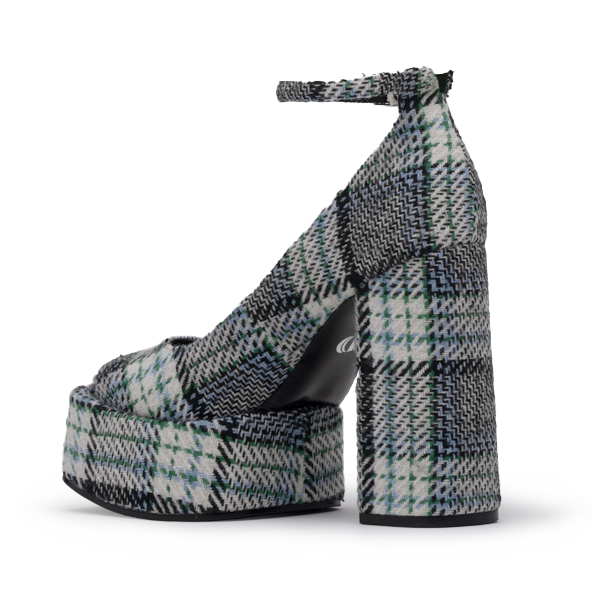 3/4 Back Side View of the Rayva Platform Heel in Blue Green Plaid