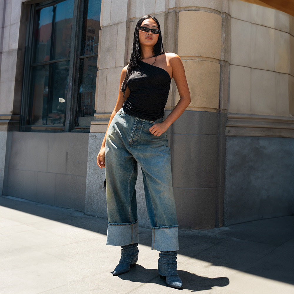 Street Style in our Savela Bootie in Day to Night Denim